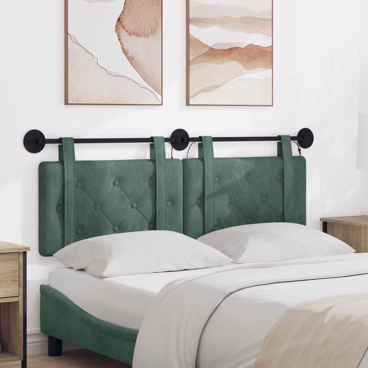 Testiera sospesa vidaXL in velluto verde con luce LED integrata, L: 150 cm, H: 55 cm, P: 7 cm