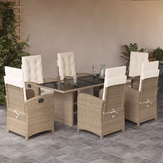 Set da pranzo da giardino vidaXL in polyrattan con cuscini beige e piano in vetro per esterno