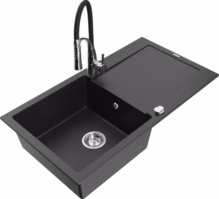 Mexen Leo lavello in granito a 1 vasca con scolapiatti e rubinetto da cucina Aster, nero/argento metallizzato - 6501-73-73450-07