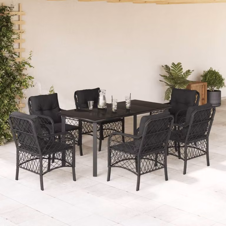 Set da Pranzo da Giardino vidaXL 7 pz in Polyrattan Nero con Piano in Vetro