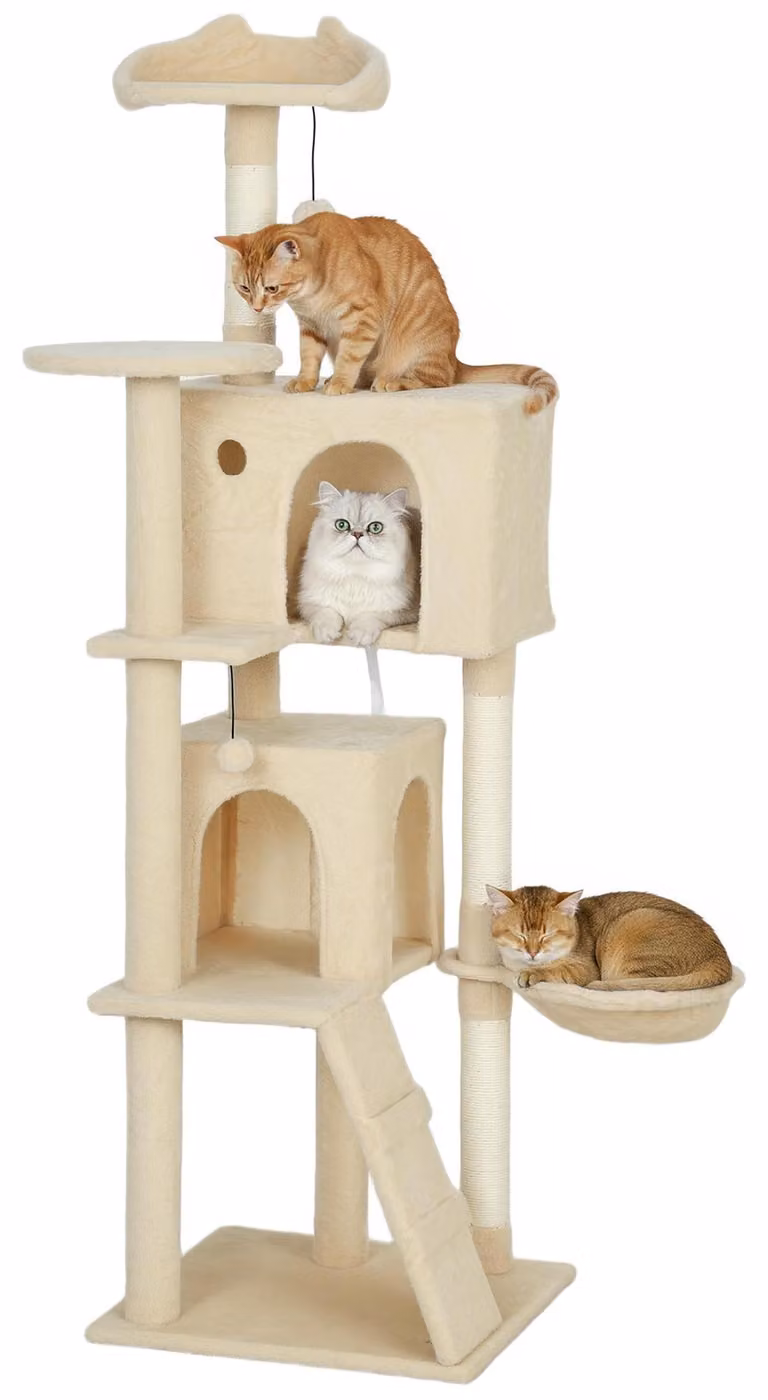 Torre per gatti PawHut da 160 cm con amaca, scaletta, cuccia e palline di peluche