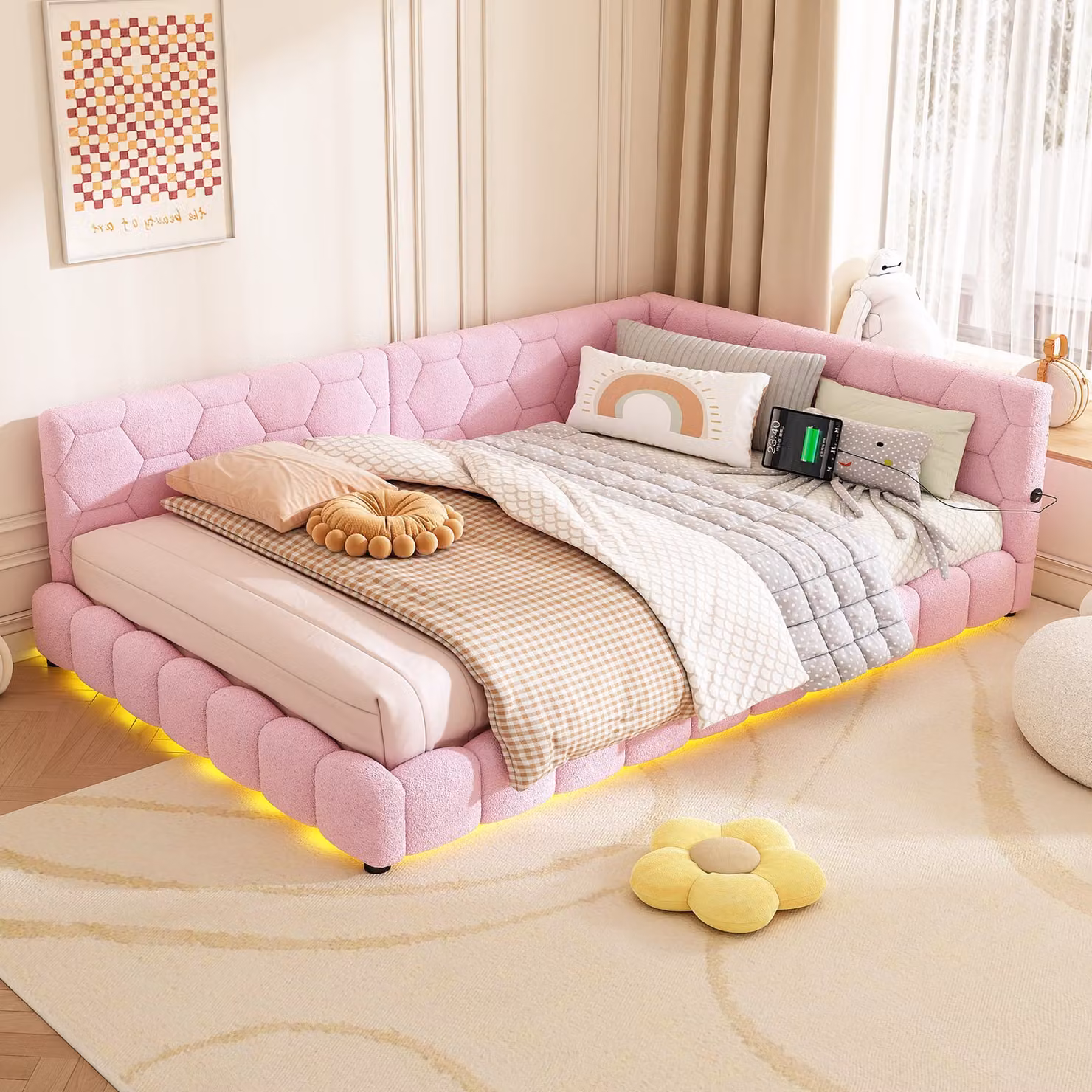 STILVORA Letto imbottito trasformabile in divano letto, 140x200 cm, con illuminazione LED e connessioni USB e USB-C, rivestito in tessuto morbido, colore bianco (con materasso incluso)