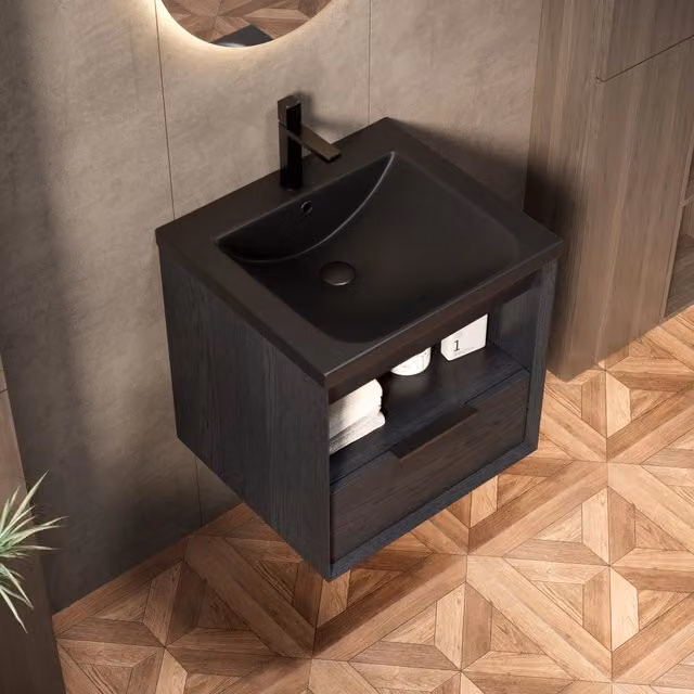 Mobile lavabo bagno sospeso WISHDOR in legno rovere e ceramica nera opaca con cassetto e mensola L/P/H: 63 x 55 x 59 cm – 1