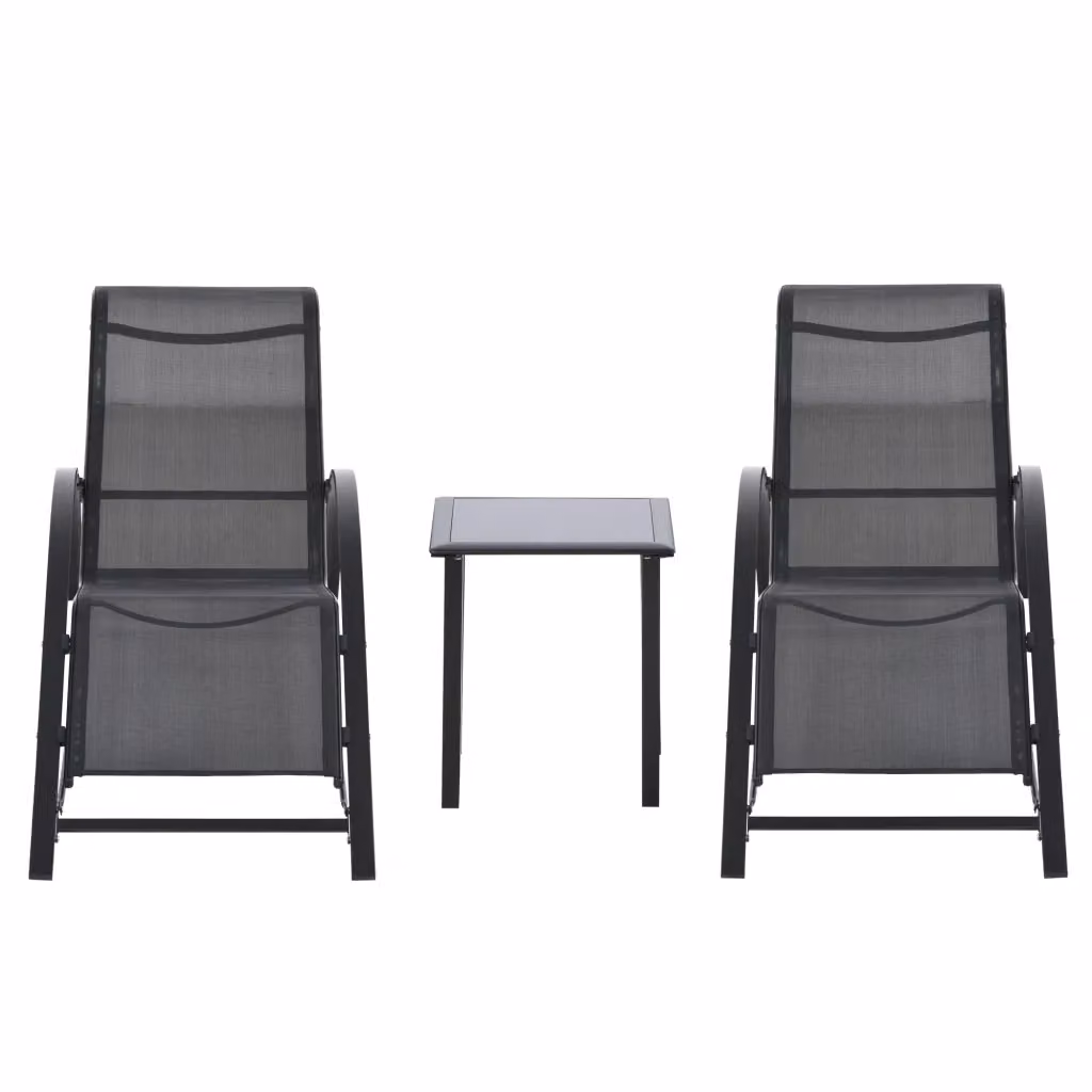 Set di 2 Lettini Prendisole con Tavolino e Ripiano in Metallo e Tessuto Traspirante Nero L: 59 cm, P: 169 cm, H: 66 cm – 2