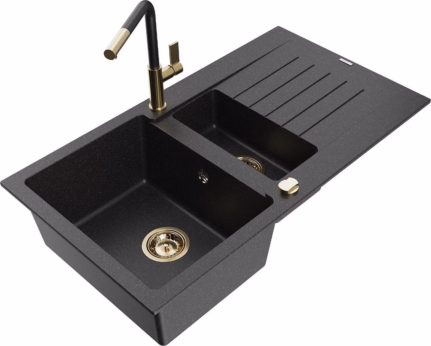 Mexen Matias lavello in granito 1,5 vasche con sgocciolatoio e rubinetto cucina Flora, nero/argento - 6502-73-670401-57-G