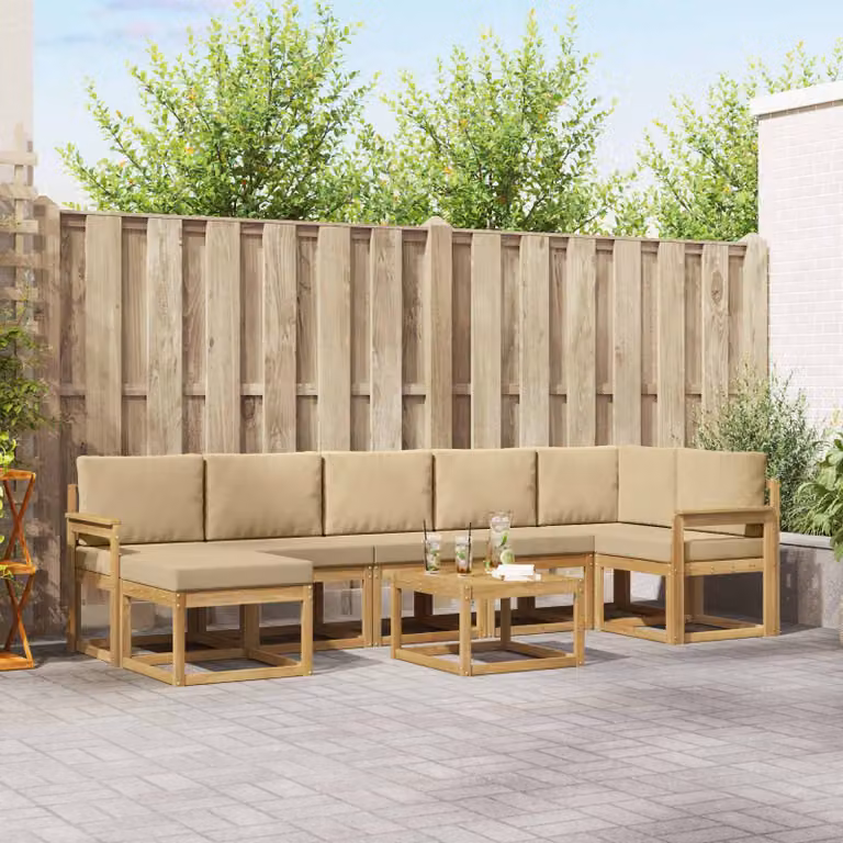 vidaXL Set di divani da esterno a L composto da 8 pezzi in legno di acacia con cuscini, bianco, beige e marrone