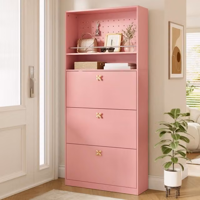 Scarpiera con vani a ribalta; cassetti; ripiano aperto e pannello forato rosa 80 × 24 × 178;5 cm