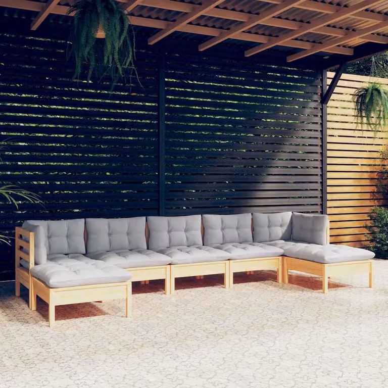 Set di divani da giardino vidaXL in legno di pino massello con cuscini grigi, composizione a L con pouf e moduli angolari, 7 pezzi