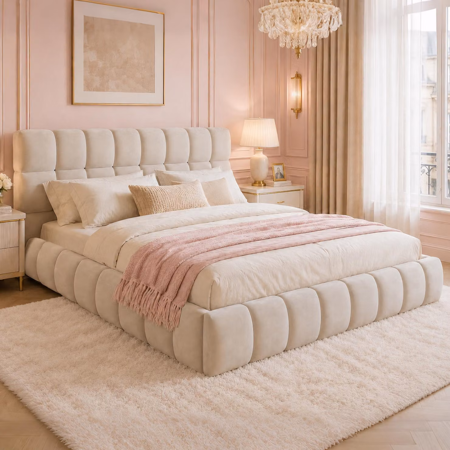 Letto imbottito 140 x 190 cm con testiera imbottita, rete con 12 listelli e superficie per materasso integrata, rivestito in velluto, colore beige/grigio