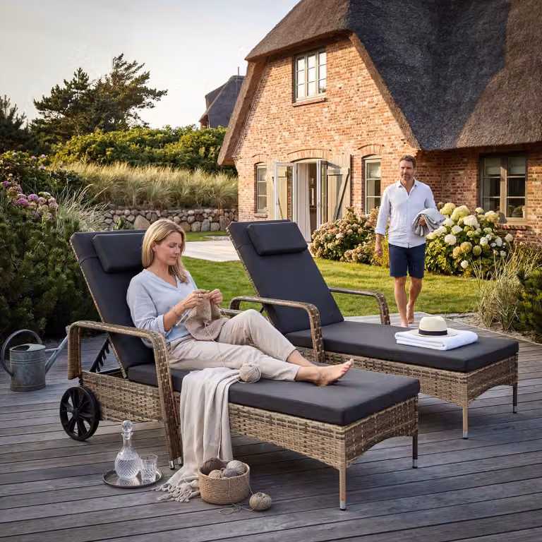 Lettino prendisole in polyrattan TecTake con ruote e poggiatesta regolabile, beige e grigio