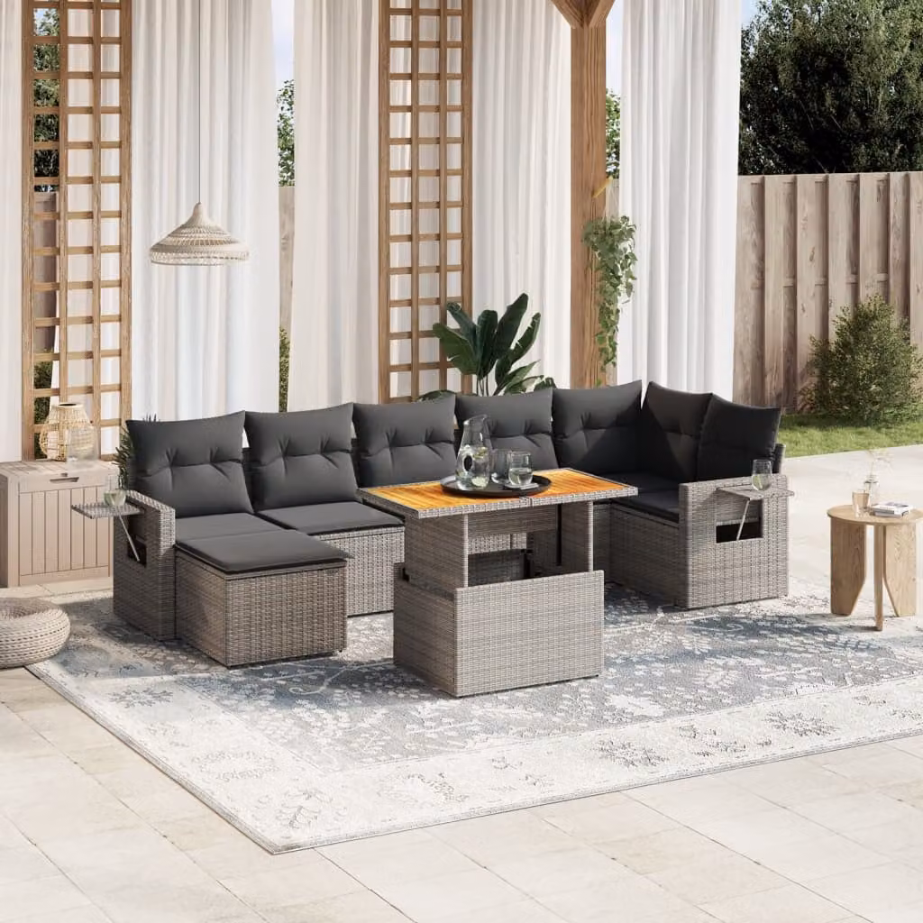 vidaXL Set Divano da Giardino a L 8 pz in Polyrattan Grigio con Cuscini e Tavolino – 1