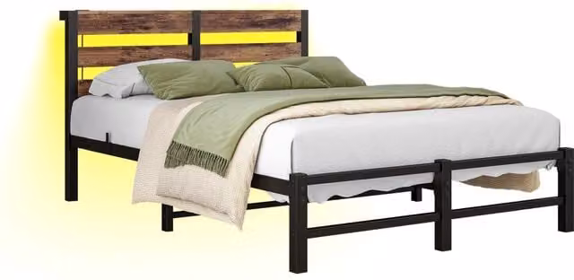 Letto una piazza e mezza 120×200 cm con LED; 2 USB e ripiano testiera; senza materasso; metallo e legno; nero marrone