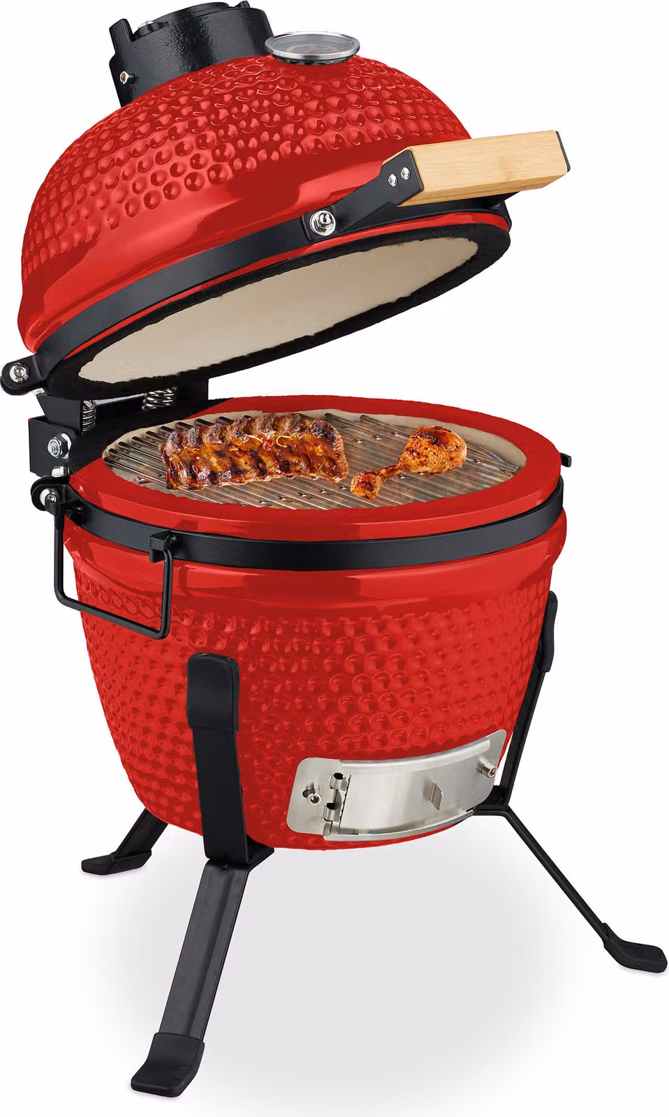 Griglia Kamado Relaxdays, diametro 32 cm, griglia in Vetroceramica con termometro fino a 450°C, ideale per barbecue, grigliate, cottura e cottura al forno, e per affumicatura, colore rosso