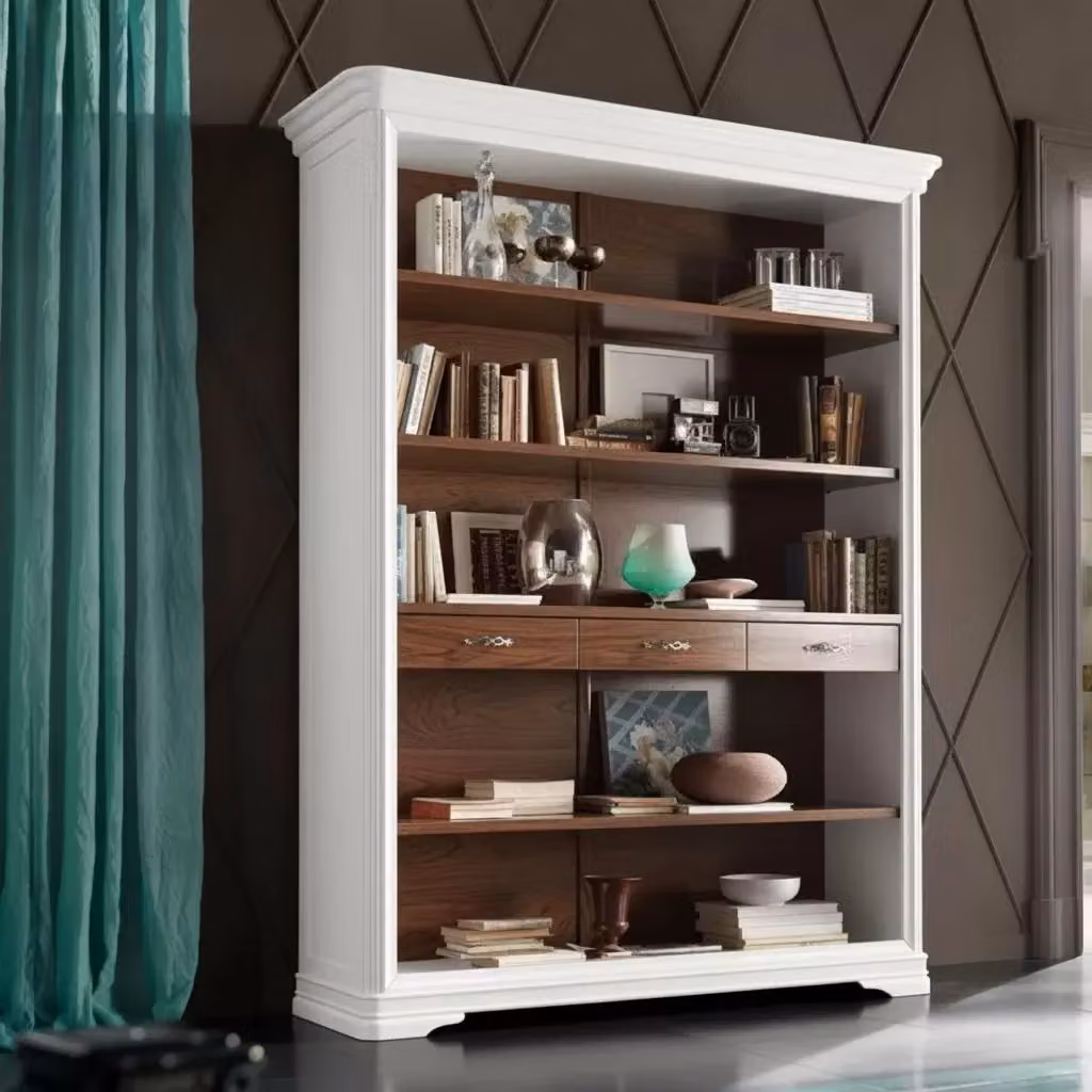 Libreria a giorno Mobili 2G in legno laccato con 3 cassetti, disponibile in bianco, marrone o beige, L: 161 cm, P: 48 cm, H: 215 cm – 2