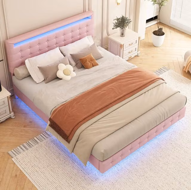 Letto matrimoniale 140x200 cm; LED regolabile; testiera regolabile; PU; rosa