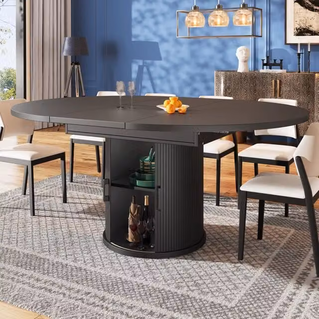 Tavolo da pranzo rotondo estensibile Mivray con vano contenitore e colonna centrale, nero opaco, L: 118 cm, P: 118 cm, H: 75 cm