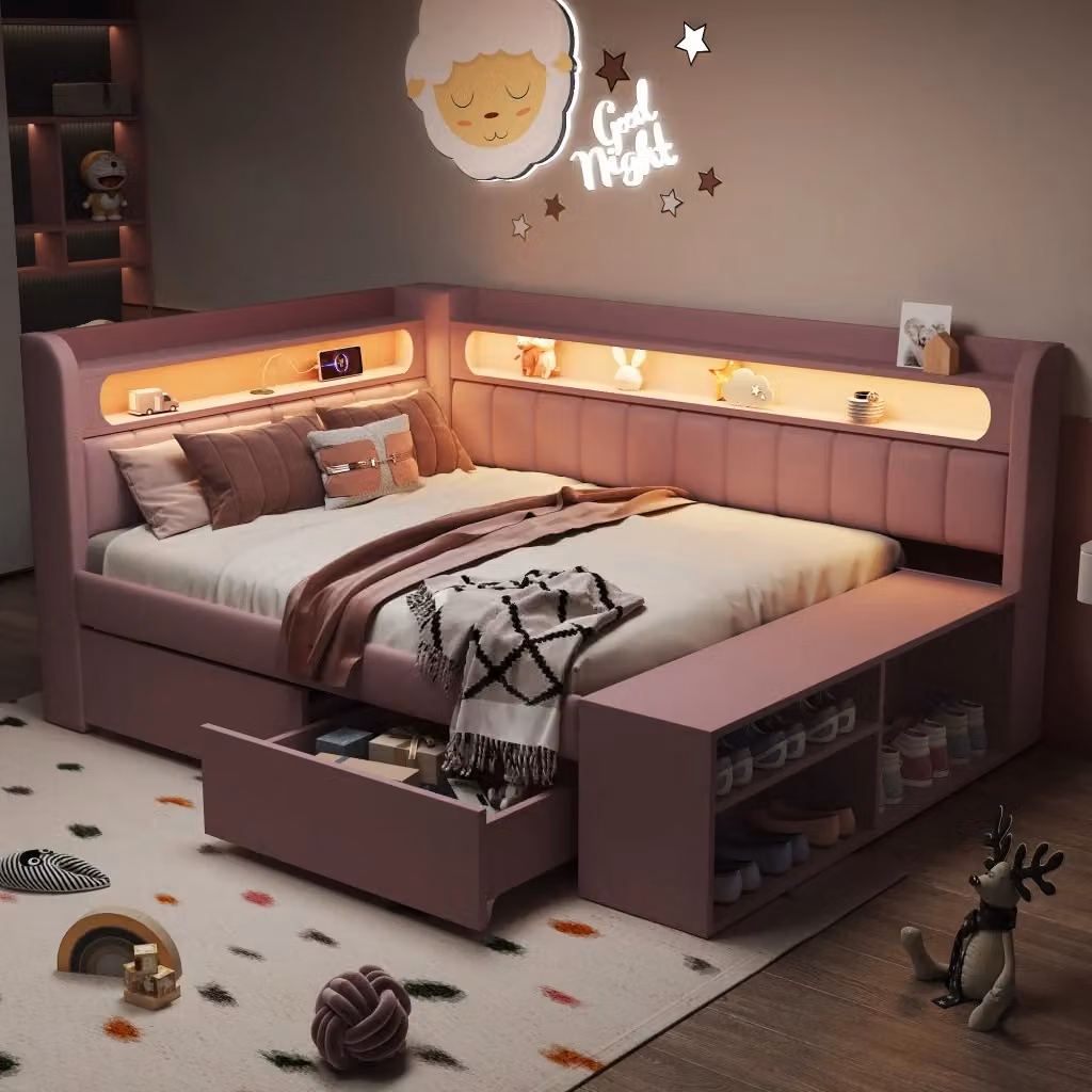 Letto a Divanetto Imbottito Rosa con USB, LED, 2 Cassetti e Scarpiera L/P: 90 x 200 cm – 2