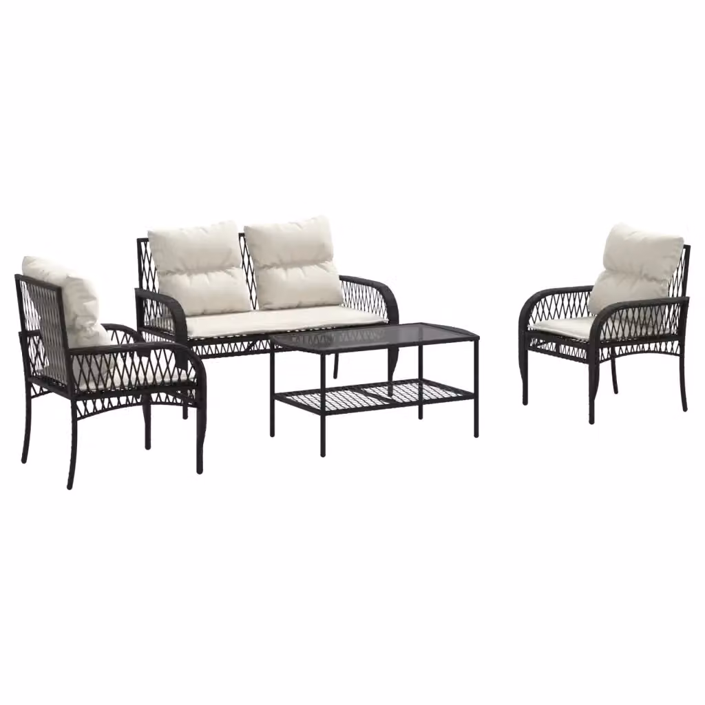 Set da Giardino Moderno vidaXL composto da Divano 2 Posti, 2 Poltrone e Tavolino con Cuscini Bianchi e Nero – 2