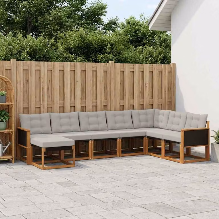 vidaXL Set di divani da esterno 8 pz a forma di L in legno di acacia con cuscini, beige e grigio chiaro