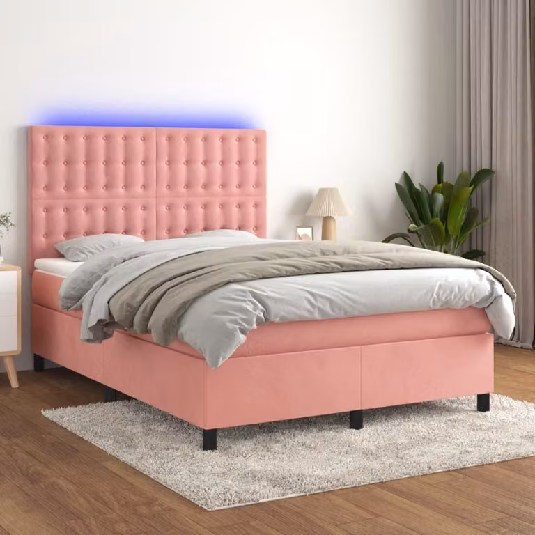 vidaXL Letto Ibrido con Materasso e LED in Velluto Rosa, L/P/H: 140 x 200 cm