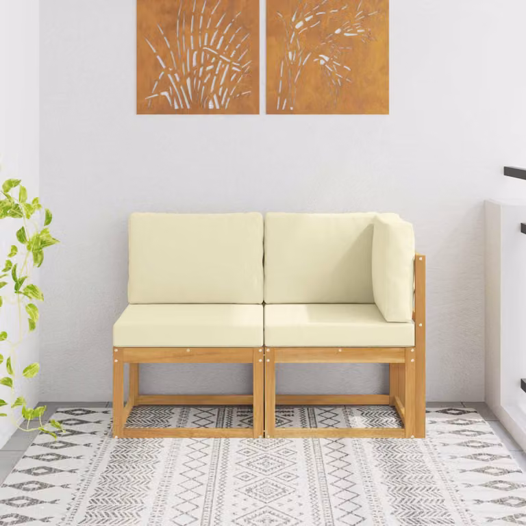 Set di divano modulare e angolare da esterno vidaXL in legno di acacia e tessuto, colore bianco e beige