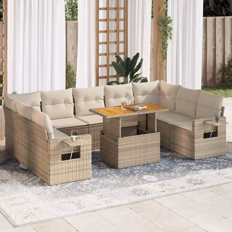 Set Divano da Giardino vidaXL 10 Pezzi a Forma di L con Cuscini Beige e Tavolino in Polyrattan e Legno di Acacia