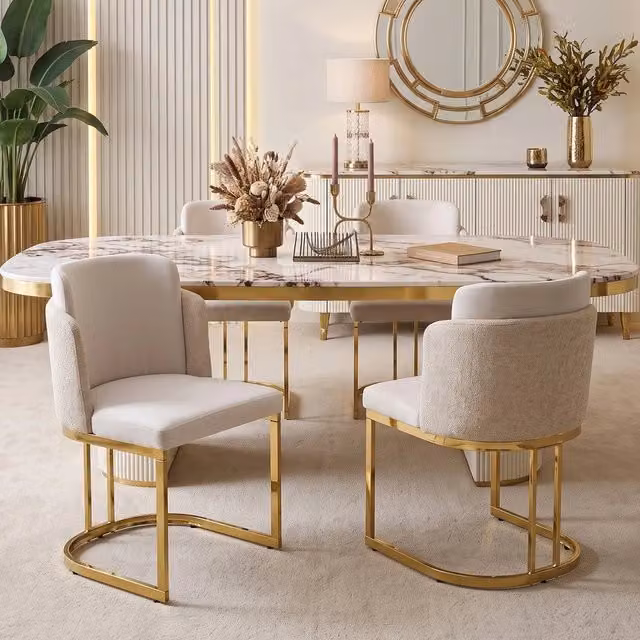 Set 4 Sedie da Pranzo ¨C Minimal ¨C Beige, rivestimento tessuto chenille, gambe effetto oro, stile moderno