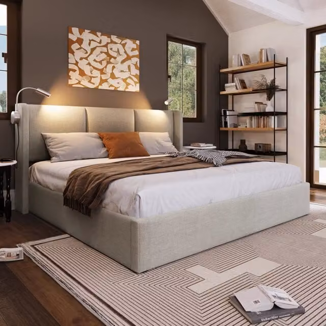 Letto matrimoniale imbottito 140 × 200 cm con contenitore in lino beige luce da lettura e ricarica USB