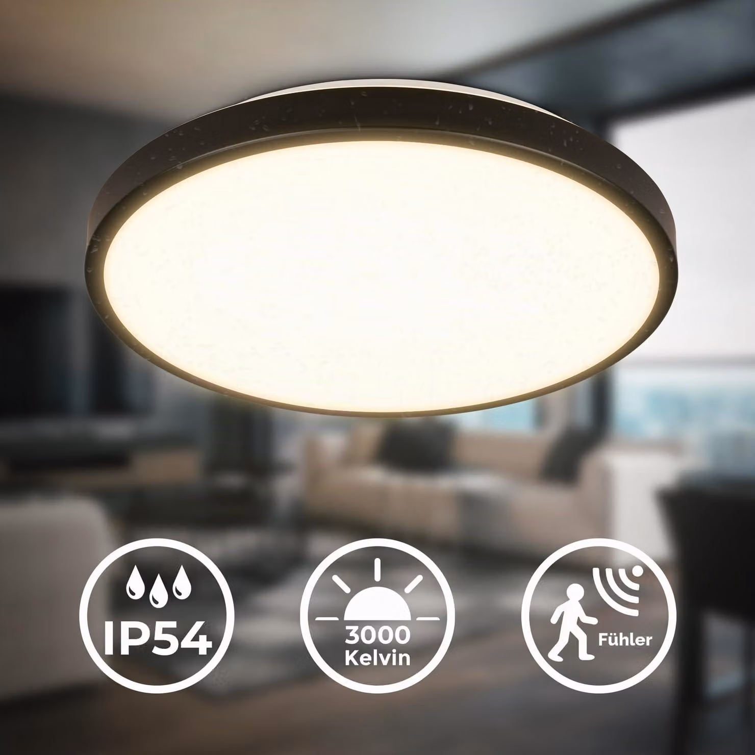 B.K.Licht - Plafoniera LED con rilevatore di movimento IP54 portata 3m, luce bianca calda, rilevamento 95 gradi, plafoniera LED, lampada LED, lampada da bagno, lampada da bagno, lampada da cucina, 29x7,5 cm, nero