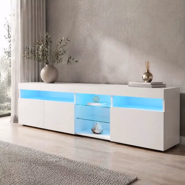 Mobile TV 180x35x48 cm bianco in MDF, 3 ante con illuminazione LED variabile