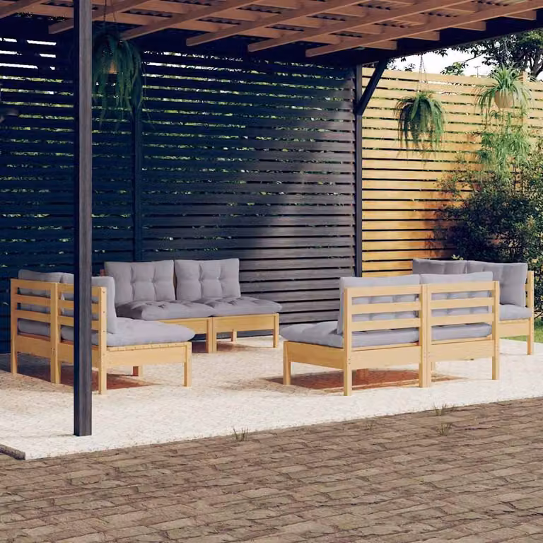 vidaXL Set Divani da Giardino 8 pz a Forma a L in Legno di Pino con Cuscini Grigi