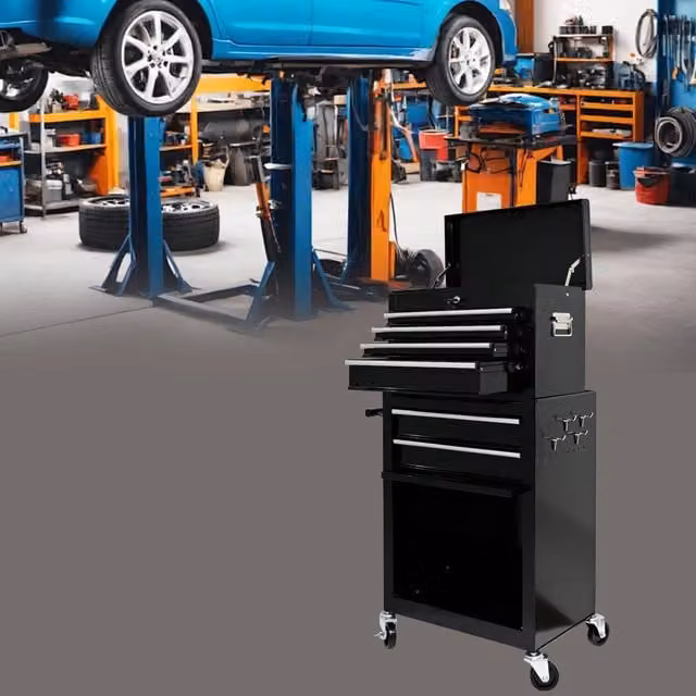 Mobile contenitore portautensili OKWISH in acciaio nero con 6 cassetti, serratura e 4 ruote con freno, L: 100,0 cm, P: 37,5 cm, H: 71,8 cm – 1