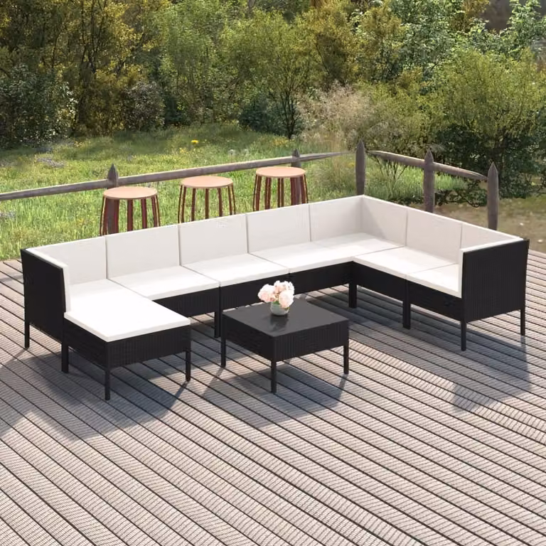 The Living Store Set da giardino 9 pezzi con cuscini in poly rattan nero