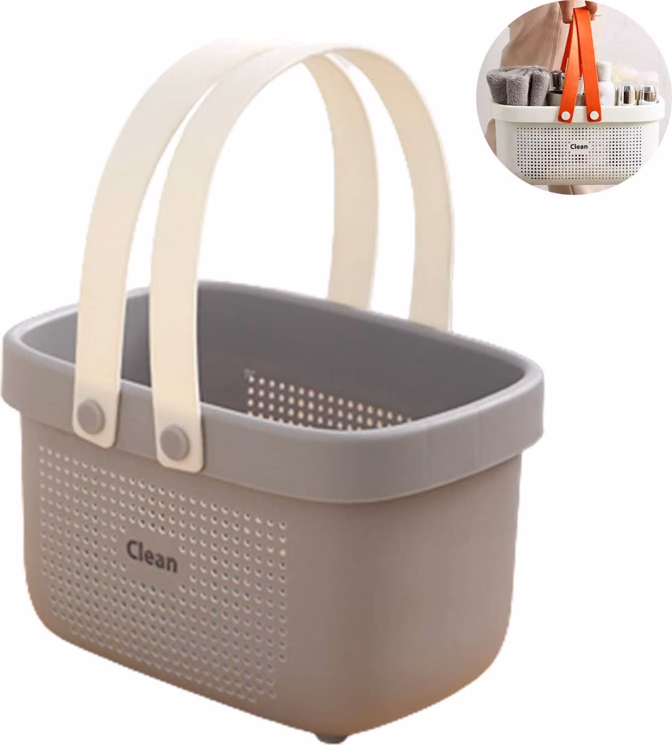 Cestino da doccia in plastica con manici, cestino portaoggetti portatile per articoli da bagno, grigio, 31,5 cm