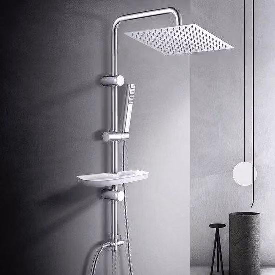 Uniqoos® Sistema di doccia a soffitto 30x30 cm – Bocchetta doccia a soffitto in acciaio inossidabile XXL, barra doccia cromata da 92 cm, doccetta manuale e ripiano, senza miscelatore, compatibile con scaldabagni istantanei