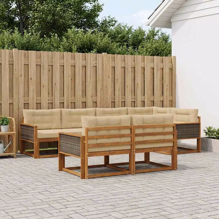 Set di divani da esterno a forma di U vidaXL in legno di acacia con cuscini beige e marrone per giardino e terrazza