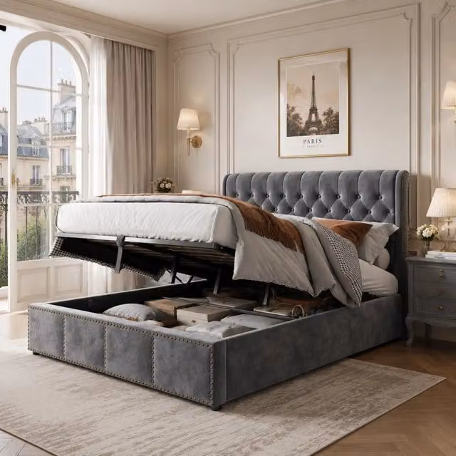 Letto contenitore 140x190 cm in velluto grigio con rete a doghe inclusa