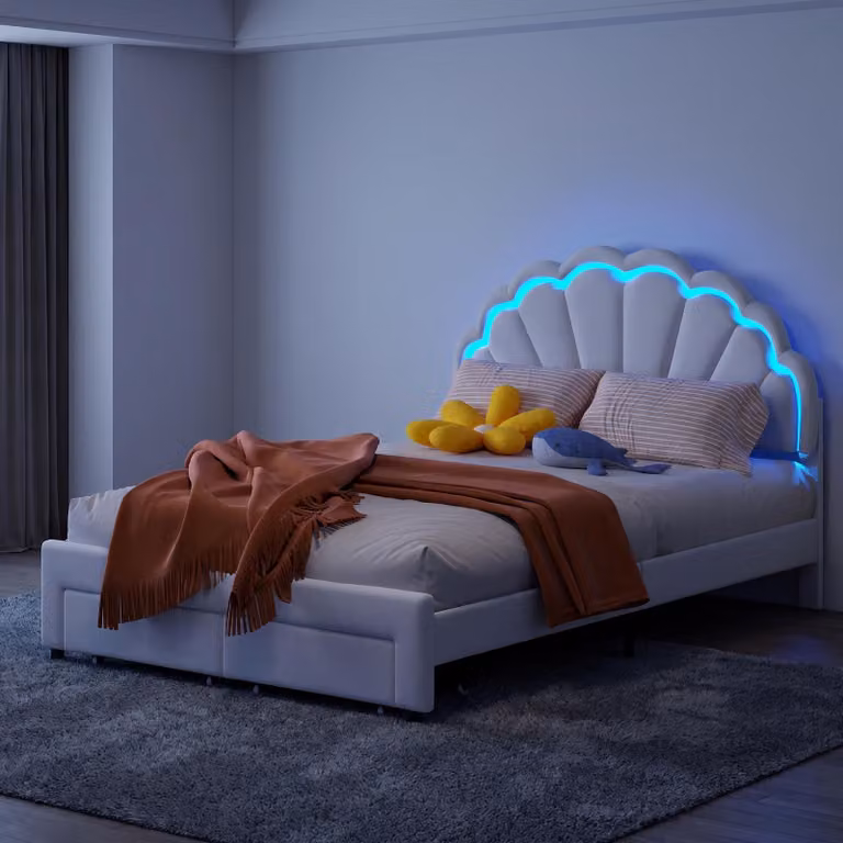 Letto per bambini INONEFT, 140x200 cm, con LED e 2 cassetti; letto per adolescenti con spazio contenitivo e testiera a fiori; struttura del letto imbottita con rete a doghe, in velluto, colore bianco