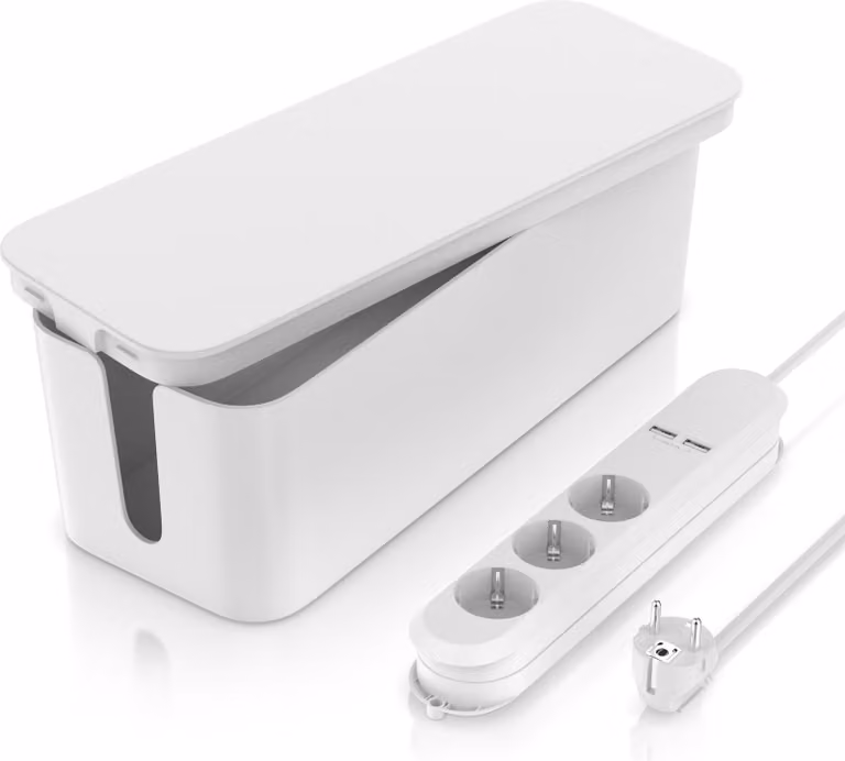 BEARWARE Presa di corrente a 3 vie con 2x porte di ricarica USB e scatola per cavi in un set, presa di corrente a 3 vie bianca (porte USB, blocco di sicurezza per bambini, spina di sicurezza, lunghezza cavo 1,50 m), presa multipla con protezione tattile e