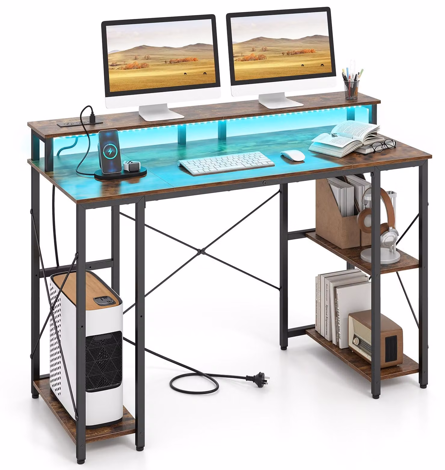 Scrivania per computer COSTWAY con illuminazione LED, prese di corrente, supporto per monitor, scrivania angolare con ripiani e stazione di ricarica, colore marrone, dimensioni 120x50x87 cm