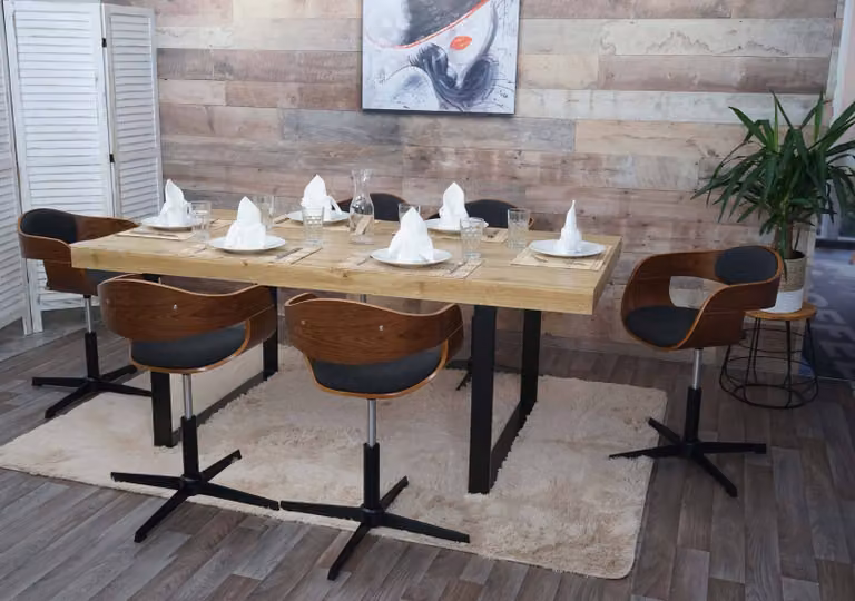 set di 6 sedie da pranzo HWC-H46, sedia, meccanismo girevole regolabile in altezza in legno curvato ~ aspetto noce, tessuto grigio scuro