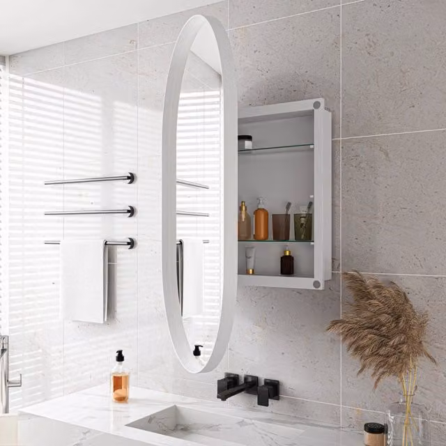 Mobiletto specchio ovale ULEVR 95x63x18 cm per bagno, con 2 ripiani in vetro e installazione a parete o incasso