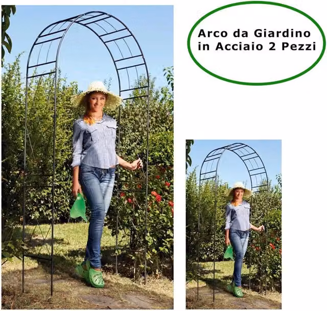 Arco per rampicanti da giardino VERDEMAX in acciaio nero, confezione da 2 pezzi, H: 225 cm, L: 110 cm, P: 36 cm