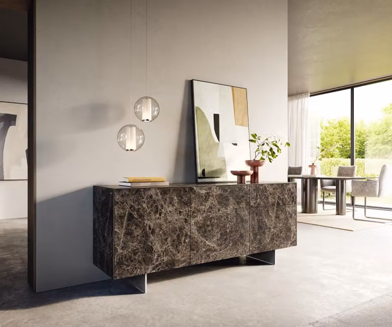 Credenza DELIFE Cuor 180 cm in Vetroceramica Emperador extra lucidata, marrone scuro, 2 ante, 3 cassetti, piedini con effetto sospeso in acciaio inossidabile