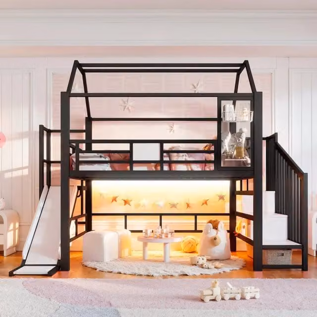 Desviae Letto a soppalco per bambini 140 × 200 cm con scivolo, scala con ripiani, LED Bluetooth, metallo e MDF nero