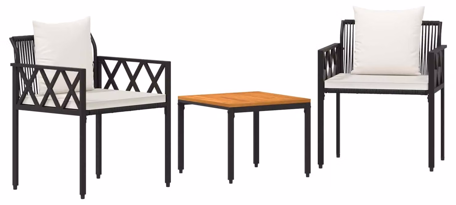 Set di mobili da giardino, 3 pezzi, colore nero e crema, in rattan sintetico