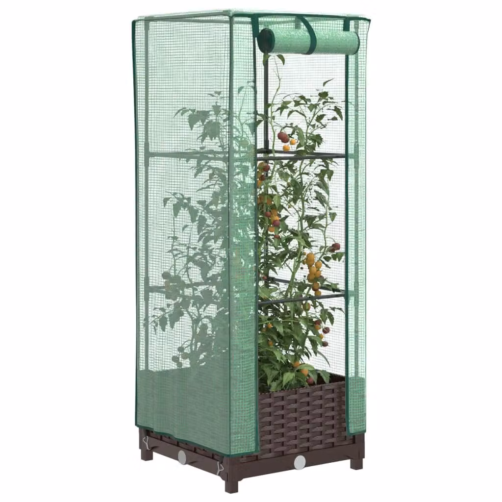 vidaXL Letto Rialzato con Copertura Serra Effetto Rattan Marrone e Verde L/P/H: 40 x 40 x 123 cm