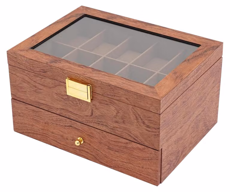 Scatola per orologi - Contenitore per orologi in legno - 20 scomparti, 2 livelli - Coperchio in vetro, antipolvere - Rivestimento in velluto - 29×21,5×16 cm - Legno