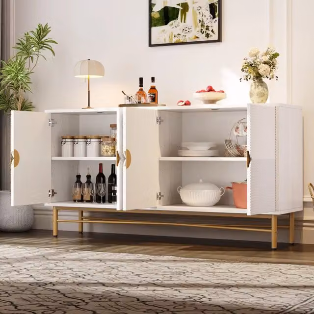 Credenza moderna a quattro ante con chiusura ammortizzata per soggiorno e camera da letto in MDF e pannello truciolare, finitura bianca lucida e dettagli oro, L/P/H: 160 x 40 x 82 cm