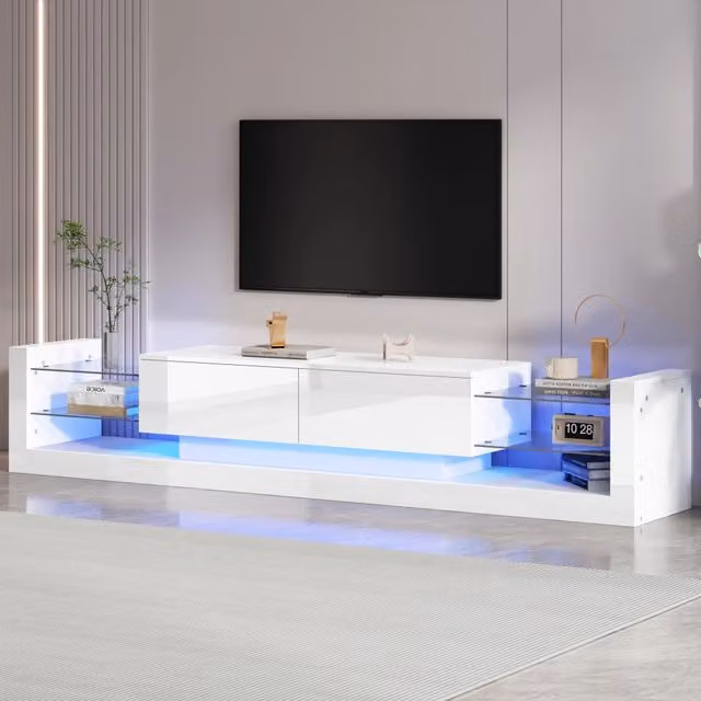 Mobile porta TV OKWISH bianco lucido con LED e 2 cassetti a ribalta in vetro per soggiorno L: 181 cm, P: 38 cm, H: 38 cm